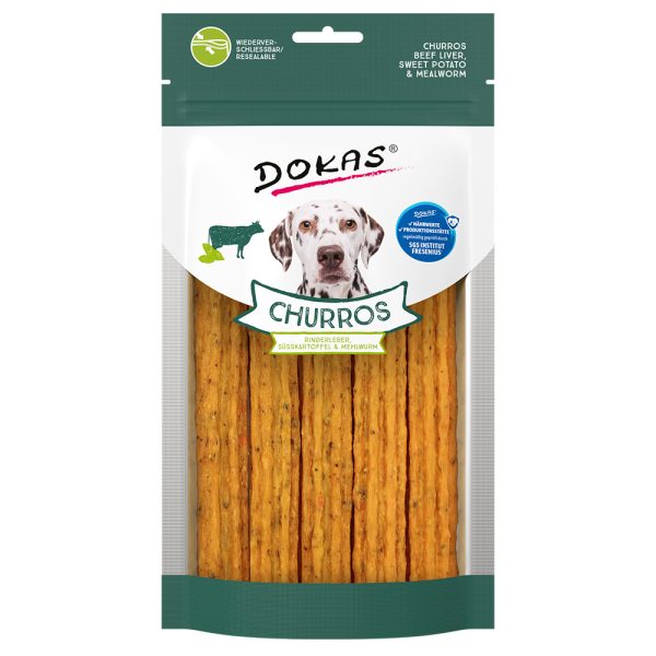 Voordeelpakket: 2x ca. 150g Dokas Churros met runderlever, zoete aardappel & meelworm hondensnacks