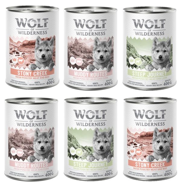 10% korting! Wolf of Wilderness Mixpakketten - 6 x 400 g: Junior Gevogelte met rundvlees, gevogelte met lamsvlees, gevogelte met varkensvlees