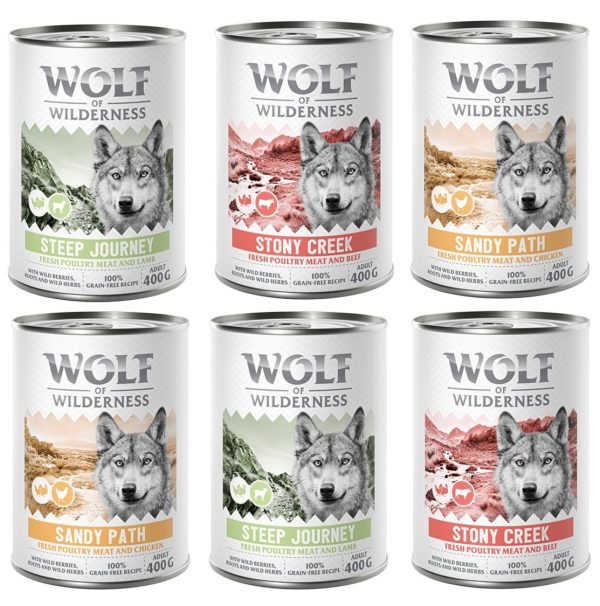 10% korting! Wolf of Wilderness Mixpakketten - 6 x 400 g: Gevogelte met kip, gevogelte met lam, gevogelte met rund