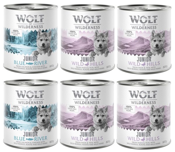 10% korting! Wolf of Wilderness Mixpakketten - 6 x 800 g: Junior Eend & kalfsvlees, kip & zalm