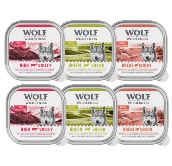 10% korting! Wolf of Wilderness Mixpakketten - 6 x 300g Mixpakket: Rund, Kalkoen, Lam