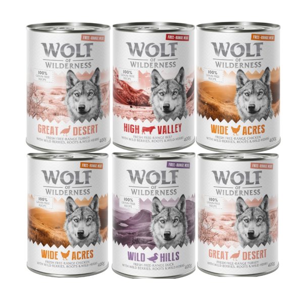 10% korting! Wolf of Wilderness Mixpakketten  6 x 400 g: Scharrelkalkoen, kip, rundvlees, eend