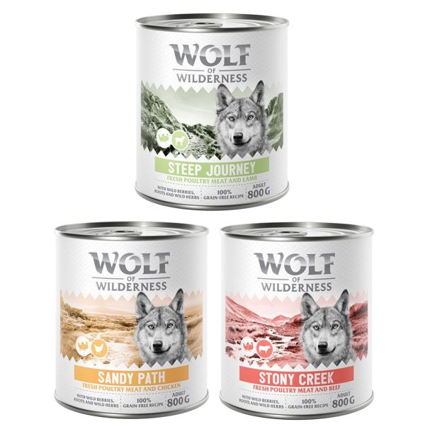 18x800g Wolf of Wilderness voor een speciale prijs! - Adult Mixpakket: Stony Creek, Sandy Path, Steep Journey