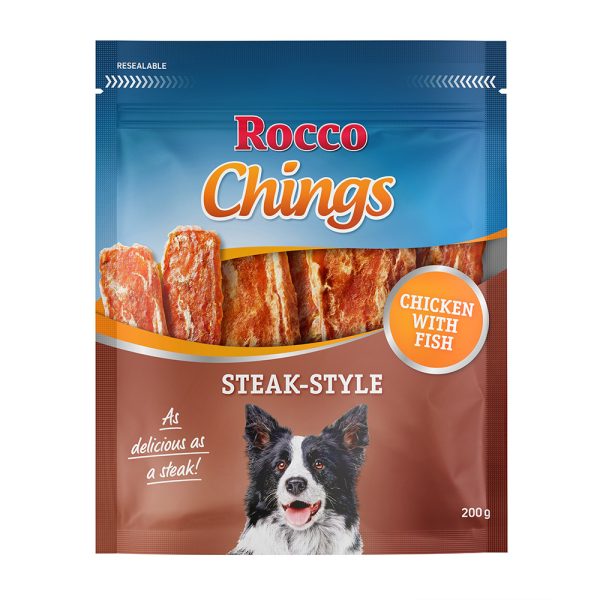 4x200g Chings Steak Style Kip Rocco Hondensnacks Kip & Vis