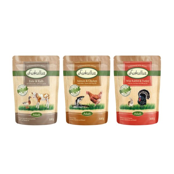 Lukullus Naturkost Verhoudzakjes - Mix Naturkost: Wild konijn & kalkoen / Eend & kalfsvlees / Zalm & kip