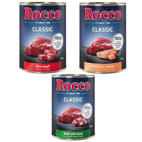 6x400g Classic Exclusieve Mix Puur Rund, Rund/Zalm, Rund/Eend Rocco Hondenvoer nat