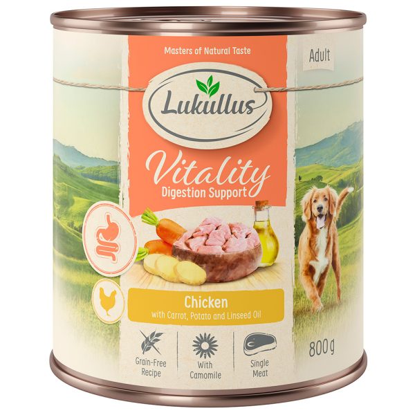 6x800g Vitality Ondersteunt de Spijsvertering Kip Graanvrij Lukullus Honden natvoer