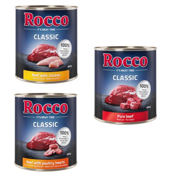 Voordeelpakket Rocco Classic 12 x 800 g Hondenvoer - Topseller-Mix: Puur Rund, Rund/Gevogeltehart, Rund/Kip