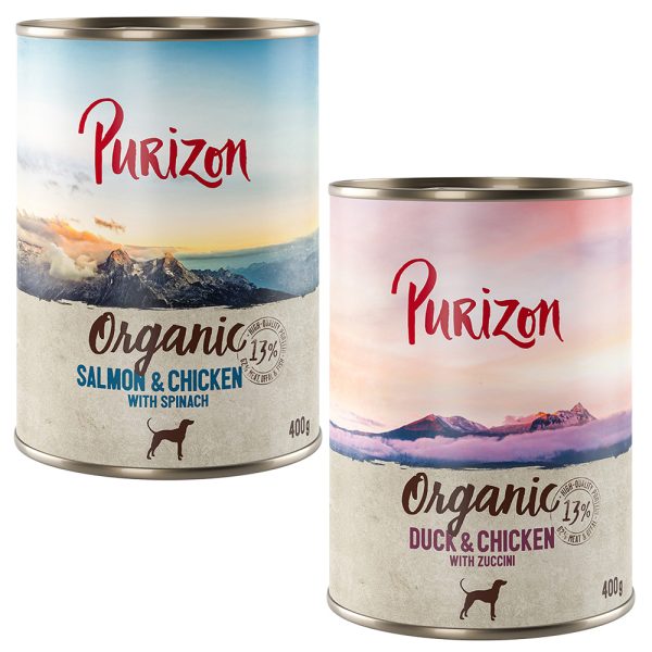 Dubbelpakket Purizon Organic 12 x 400 g - Voordeelpakket 2: 6 x Eend en kip, 6 x zalm en kip