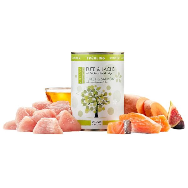 alsa-nature 4-SEASONS Voorjaarsmenu Kalkoen & Zalm met zoete aardappel en vijg, 400 g, Aantal: 6 x 400 g