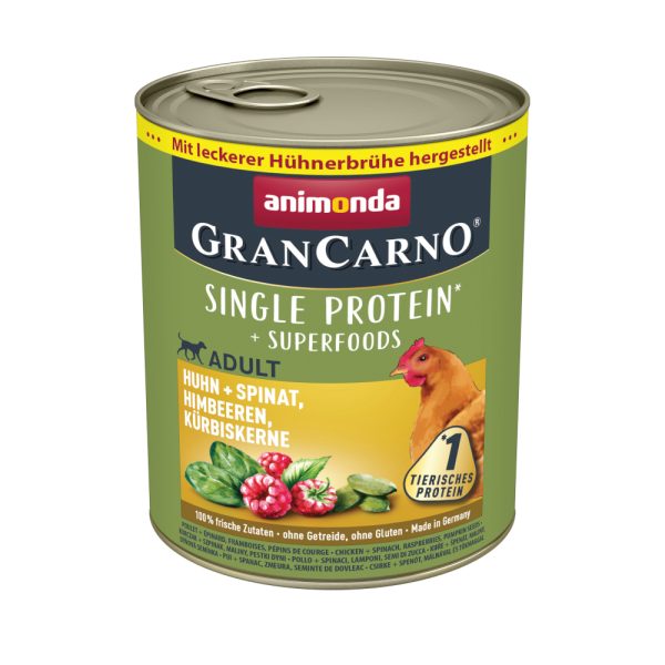 24x800g animonda GranCarno Adult Superfoods Kip + Spinazie, Frambozen en Pompoenpitten Honden Natvoer