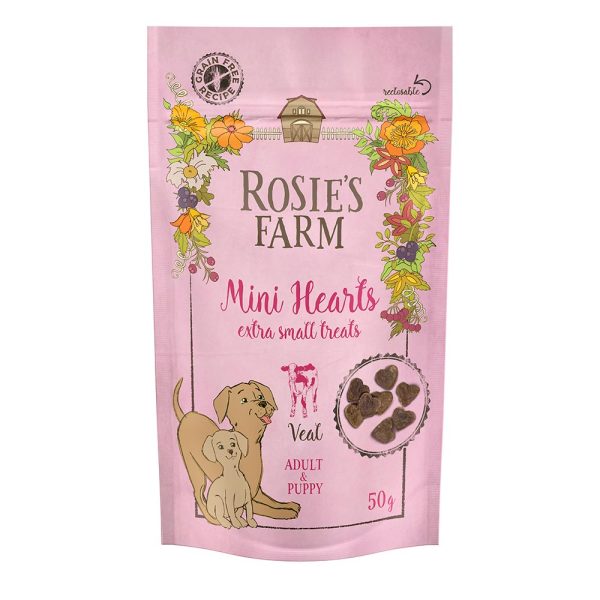 50g Adult & Puppy "Mini Hearts" Kalf Rosie's Farm Hondensnacks
