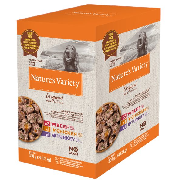 Nature's Variety Original Paté No Grain Medium/Maxi Adult Hondenvoer - Mix (Rund, Kip, Kalkoen) 4 x 300 g