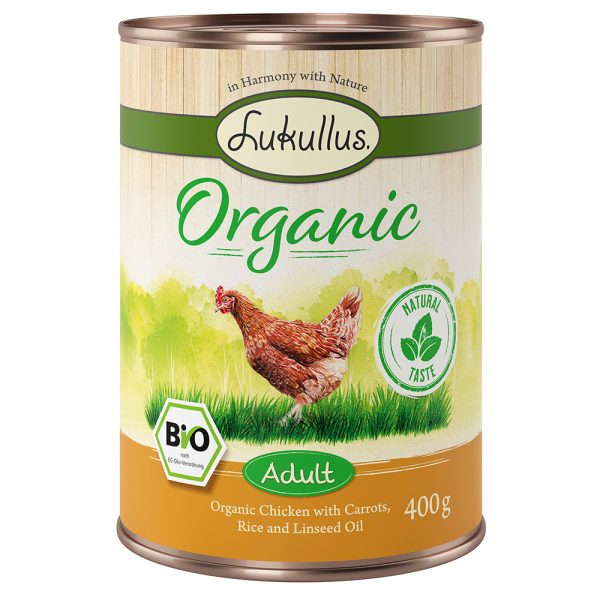 24x400 g Lukullus Organic Adult Kip met Wortels Glutenvrij Honden Natvoer