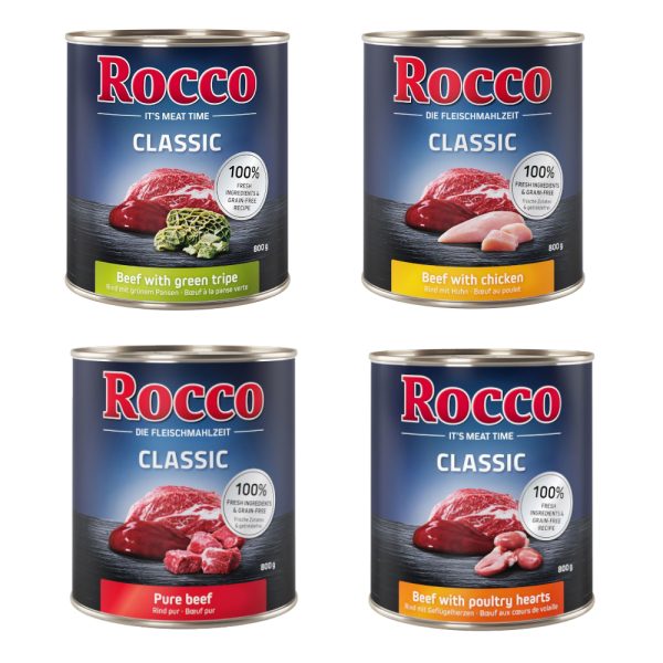 Voordeelpakket Rocco Classic 24 x 800 g Hondenvoer - Mix: Puur Rund, Groene Pens, Gevogeltehart & Kip