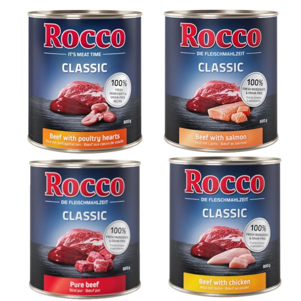 Voordeelpakket Rocco Classic 24 x 800 g Hondenvoer - Mix: Puur Rund, Kip, Zalm & Gevogeltehart
