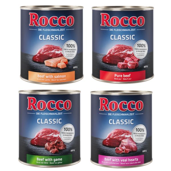 Voordeelpakket Rocco Classic 24 x 800 g Hondenvoer - Mix: Puur Rund, Wild, Zalm & Kalfshart