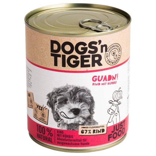 6 x 800 g Dogs'n Tiger Adult rund & pompoen hondenvoer nat