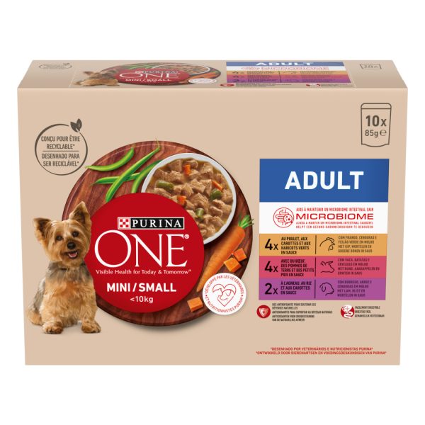 10 x 85 g Purina ONE Mini Adult Kip, Rund & Lam nat hondenvoer