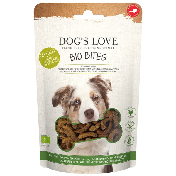 150g Dog's Love Organic Bites met biologisch gevogelte hondensnacks