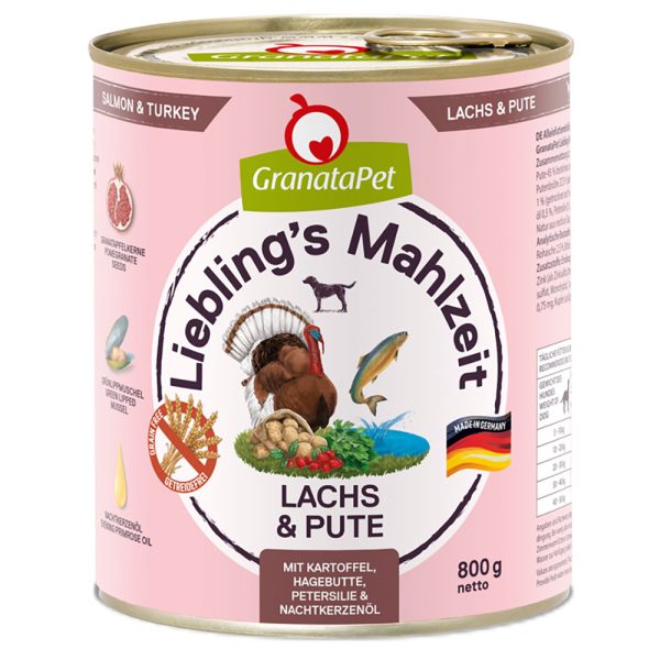 Voordeelpakket GranataPet Lievelingsmaaltijd 12 x 800 g - Zalm & Kalkoen met Aardappelen, Hagenbutten, Peterselie, & Teunisbloemolie