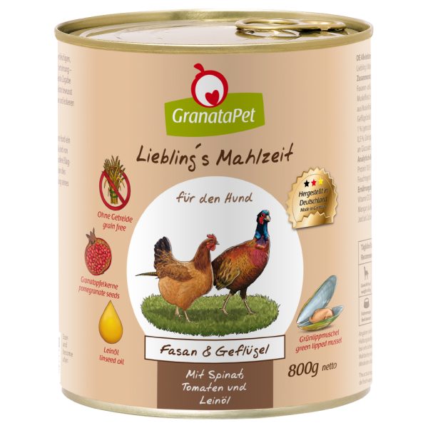 12x800g GranataPet Lievelingsmaaltijd Fazant & Gevogelte met Spinazie, Tomaten & Lijnolie Hondenvoer