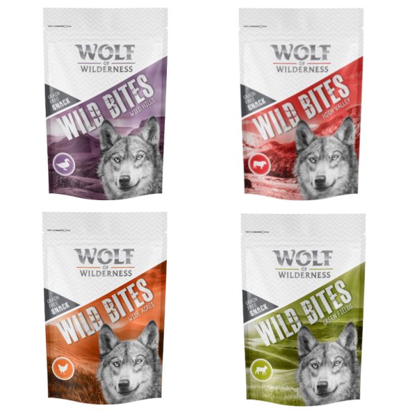 4x180g Wild Bites Mix: Kip, Eend, Lam, Rund Wolf of Wilderness Hondensnacks