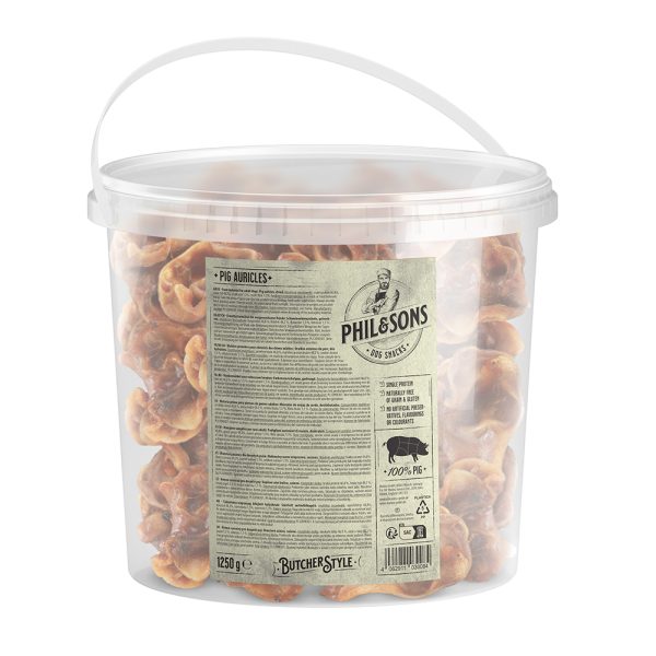 3x 1,25 kg Varkensoren in Bewaaremmer Hondensnacks