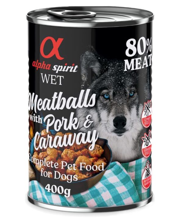 4 + 2 Gratis! Alpha Spirit Gehaktballen voor honden 6 x 400 g - Varkensvlees met komijn