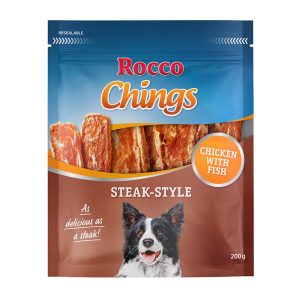 12x200g Chings Steak Style Kip Rocco Hondensnacks Kip & Vis