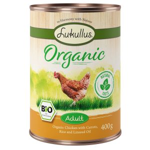 24x400 g Lukullus Organic Adult Kip met Wortels Glutenvrij Honden Natvoer