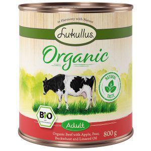 12x800g Lukullus Organic Adult Rund met Appel Glutenvrij Honden Natvoer
