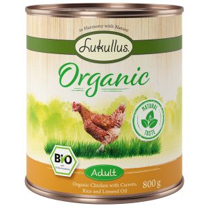 12x800g Lukullus Organic Adult Kip met Wortels Glutenvrij Honden Natvoer