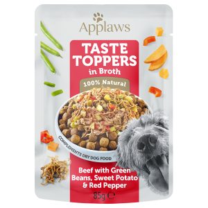 Applaws Taste Toppers Pouch in Bouillon 24 x 85 g Voordeelpakket Hondenvoer - Rund met groene Bonen, Zoete Aardappel & rode Paprika