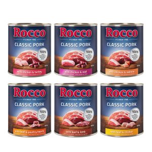 Voordeelpakket: Rocco Classic Pork 24 x 800g Hondenvoer Mix: Rundvlees/lamsvlees, kip/kalkoen, kip/kalfsvlees, rundvlees/pluimveeharten, kip/zalm, rundvlees/kip