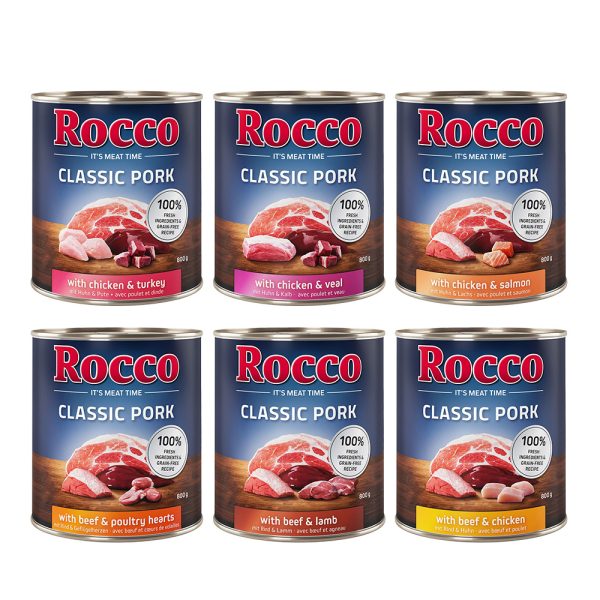Voordeelpakket: Rocco Classic Pork 24 x 800g Hondenvoer Mix: Rundvlees/lamsvlees, kip/kalkoen, kip/kalfsvlees, rundvlees/pluimveeharten, kip/zalm, rundvlees/kip