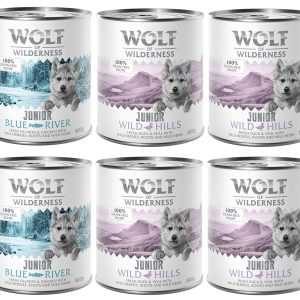 6 x 800 g Wolf of Wilderness Mixpakket Junior 4x Eend & Kalf, 2x Kip & Zalm