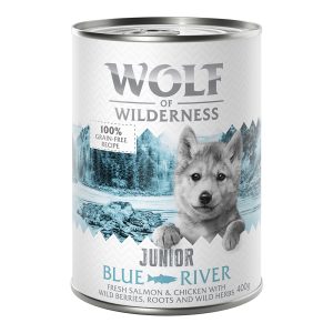 6x400g Little Blue River Junior Kip & Zalm Wolf of Wilderness Hondenvoer