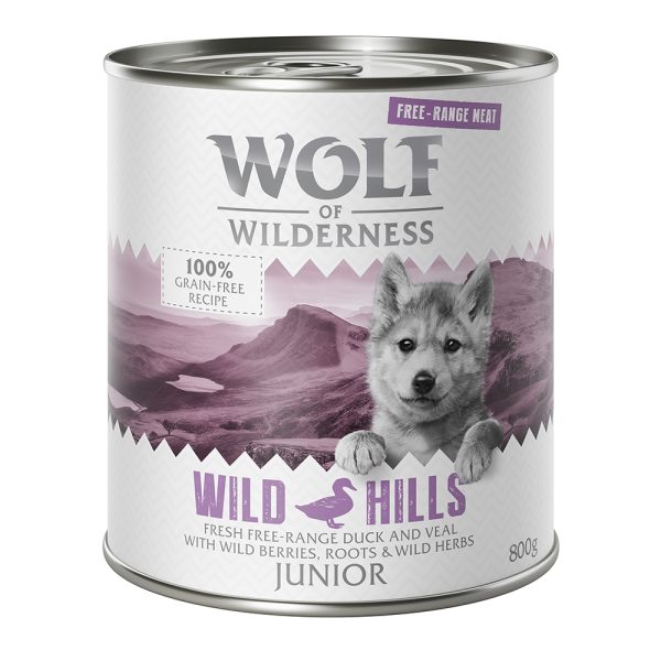 Wolf of Wilderness Junior "Scharrelvlees" 6 x 800 g Hondenvoer - Junior Wild Hills - Eend & Kalf