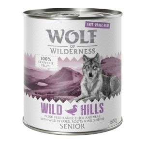 12x800g Senior Wild Hills Scharreleend & Scharrelkalf Wolf of Wilderness Hondenvoer nat