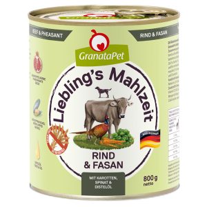12x800g GranataPet Lievelingsmaaltijd Rund & Fazant met Wortelen, Spinazie & Saffloerolie Hondenvoer