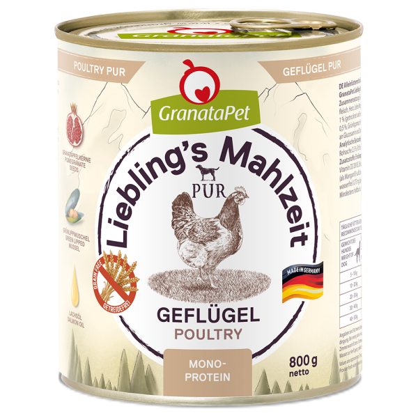 Voordeelpakket: 24x 800g GranataPet Liebling's Mahlzeit PUR Gevogelte natvoer voor honden